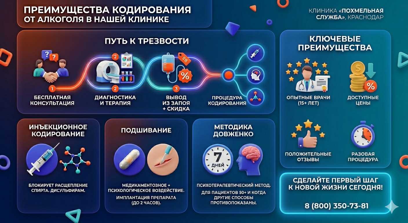 Инфографика о методах кодирования от алкоголя в Абинске: инъекции, подшивание, метод Довженко. Преимущества клиники и этапы лечения.